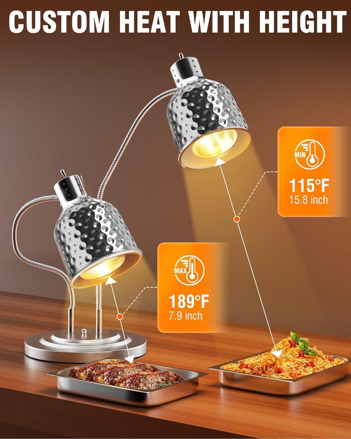 image:imageWantJoin 2Head Food Heat Lamp  ETL Electric Heating Lamp Listed 500W Stainless Steel Food Warmer Lamp Commercial Food Warmer for Catering Kitchen Food Service Restaurant Buffet CafeteriaSilver