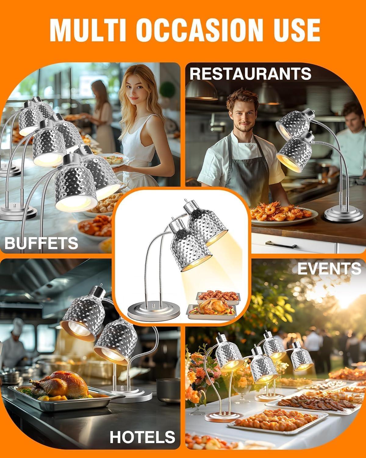 image:imageWantJoin 2Head Food Heat Lamp  ETL Electric Heating Lamp Listed 500W Stainless Steel Food Warmer Lamp Commercial Food Warmer for Catering Kitchen Food Service Restaurant Buffet CafeteriaSilver