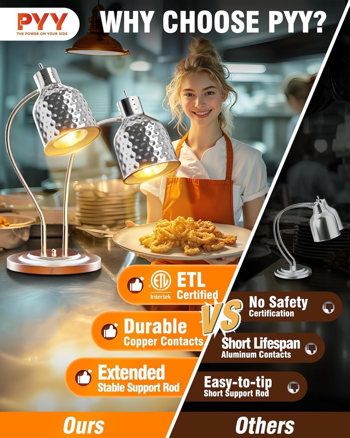 image:imageWantJoin 2Head Food Heat Lamp  ETL Electric Heating Lamp Listed 500W Stainless Steel Food Warmer Lamp Commercial Food Warmer for Catering Kitchen Food Service Restaurant Buffet CafeteriaSilver