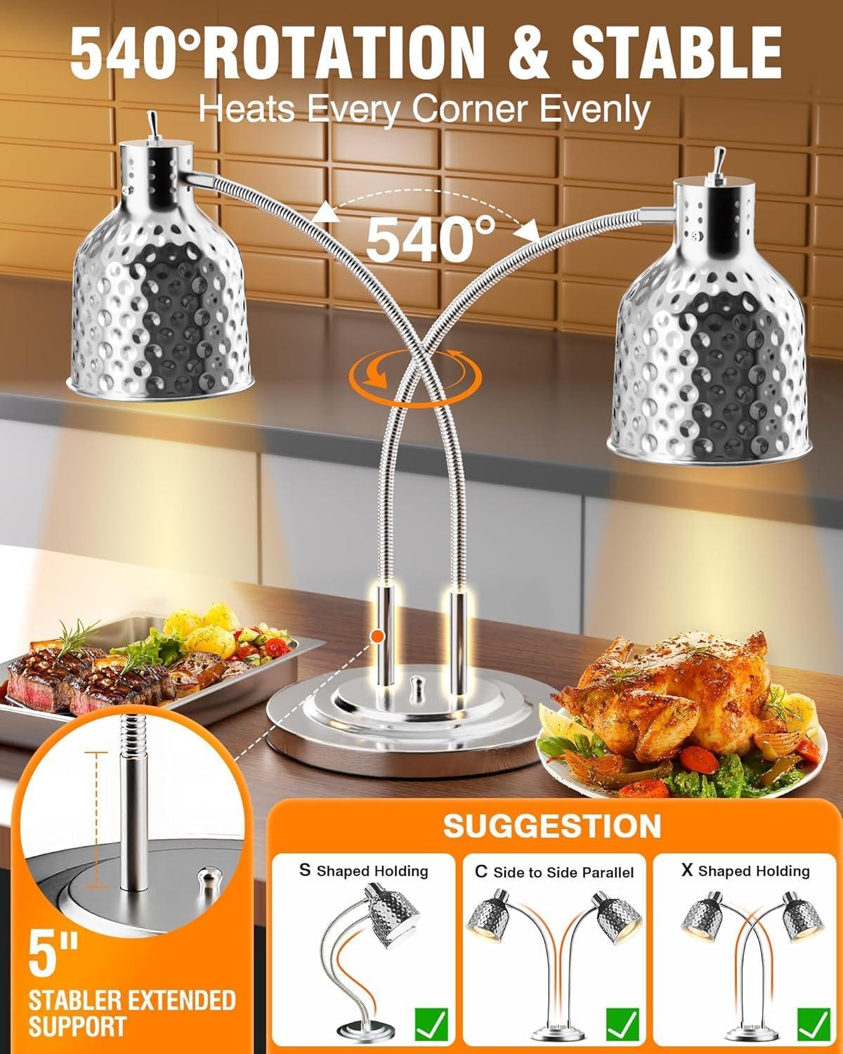 image:imageWantJoin 2Head Food Heat Lamp  ETL Electric Heating Lamp Listed 500W Stainless Steel Food Warmer Lamp Commercial Food Warmer for Catering Kitchen Food Service Restaurant Buffet CafeteriaSilver