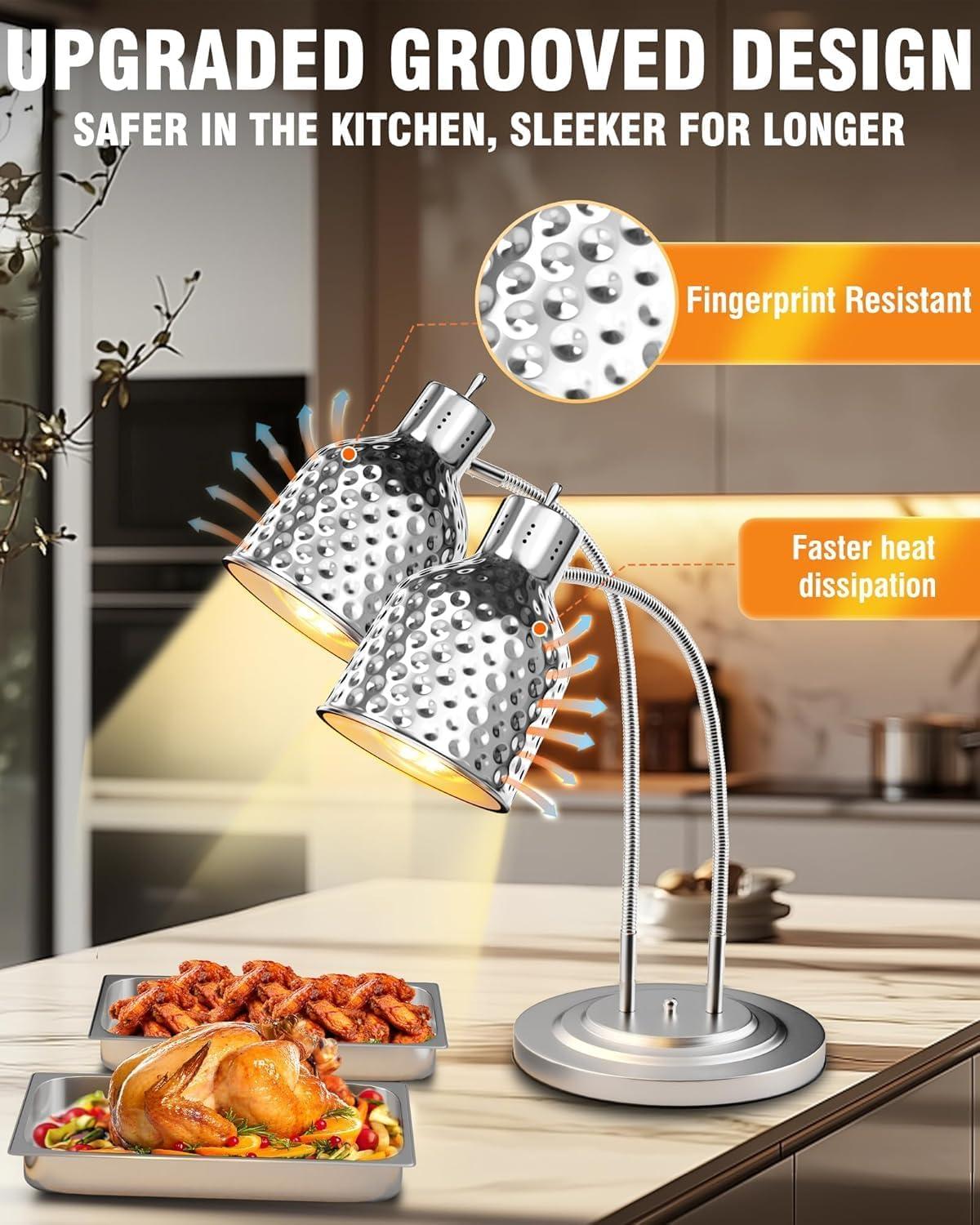 image:imageWantJoin 2Head Food Heat Lamp  ETL Electric Heating Lamp Listed 500W Stainless Steel Food Warmer Lamp Commercial Food Warmer for Catering Kitchen Food Service Restaurant Buffet CafeteriaSilver