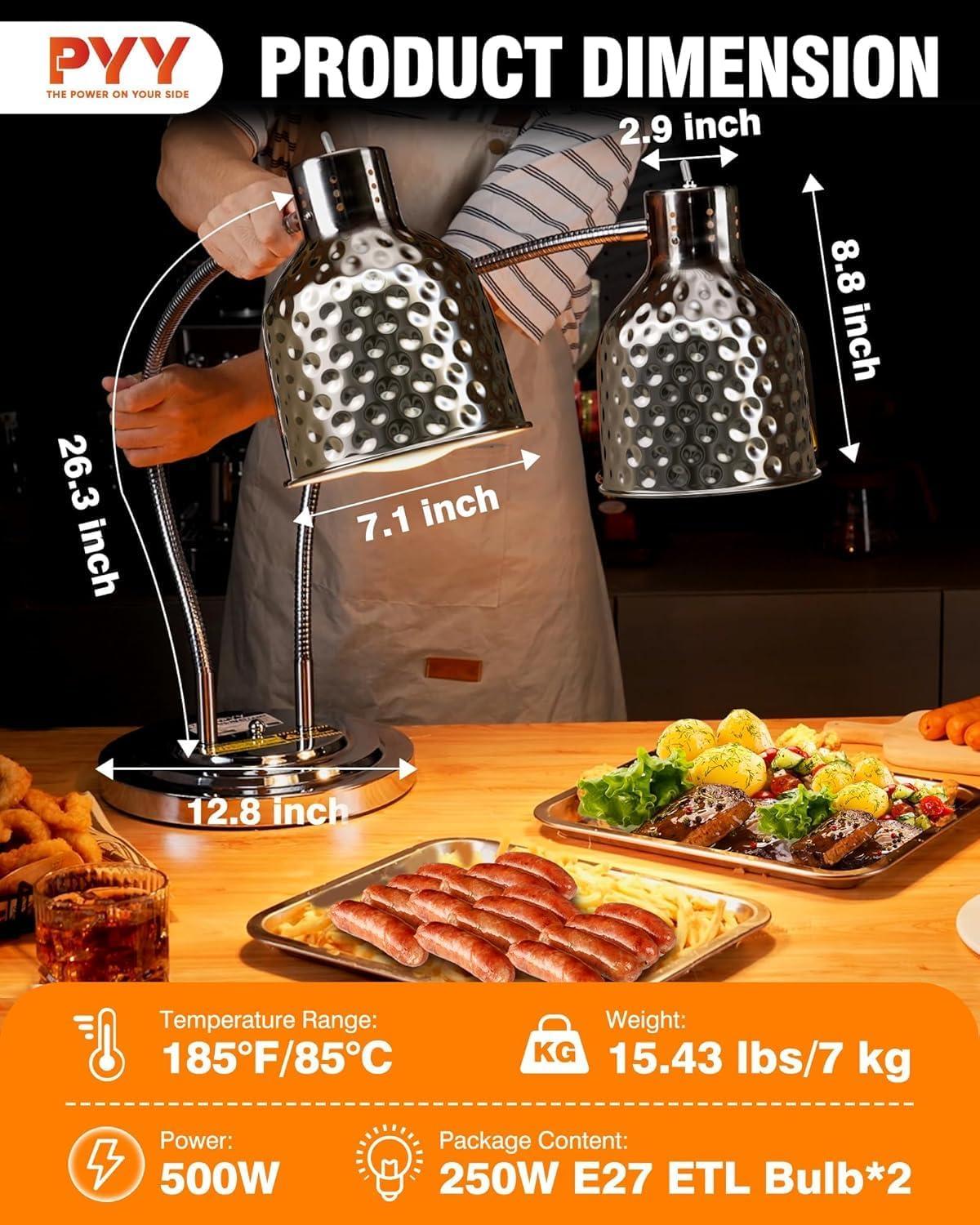 image:imageWantJoin 2Head Food Heat Lamp  ETL Electric Heating Lamp Listed 500W Stainless Steel Food Warmer Lamp Commercial Food Warmer for Catering Kitchen Food Service Restaurant Buffet CafeteriaSilver