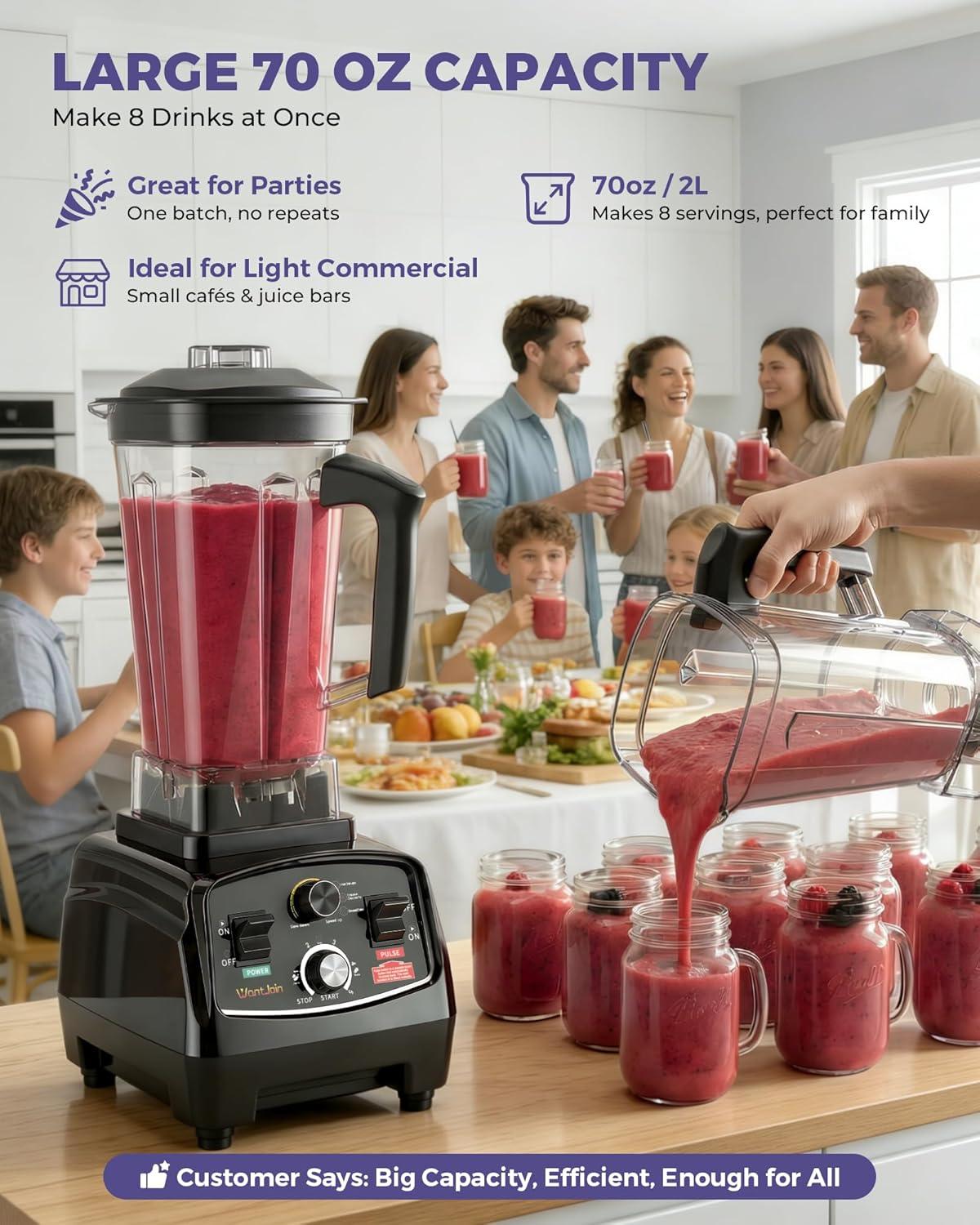 image:imageWantJoin Professional Blender ETL listed 70oz Commercial Blender for kitchen Max 1800W High Power Home and Commercial with Timer Smoothie Maker 2200ml for Crushing Ice Frozen Dessert SoupfishBlack