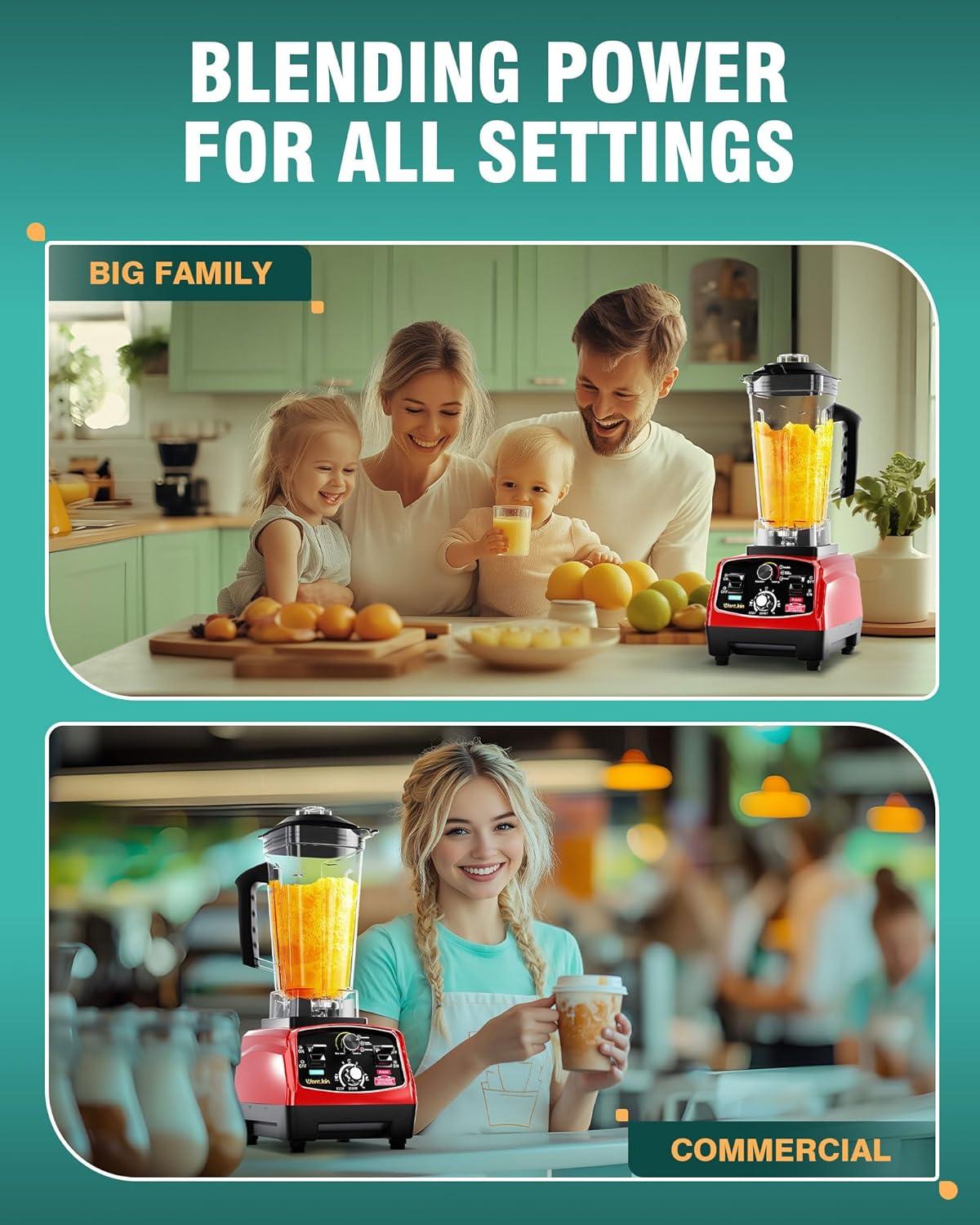 image:imageWantJoin Professional Blender ETL listed 70oz Commercial Blender for kitchen Max 1800W High Power Home and Commercial with Timer Smoothie Maker 2200ml for Crushing Ice Frozen Dessert SoupfishRed