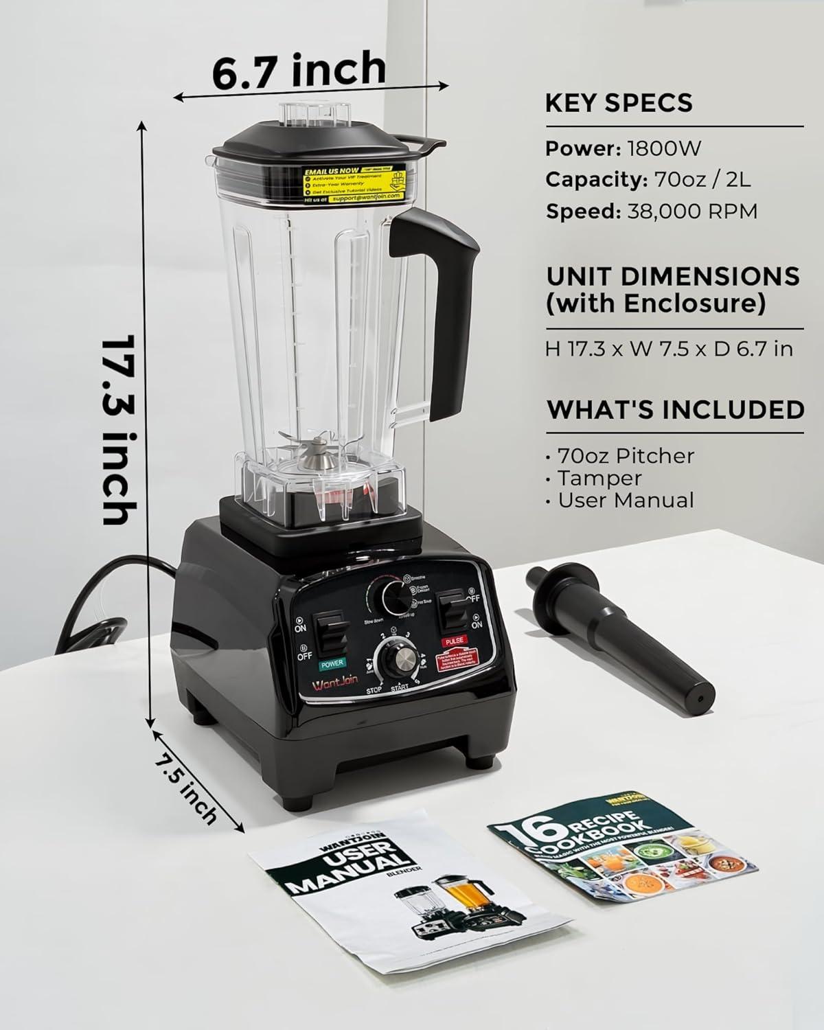 image:imageWantJoin Professional Blender ETL listed 70oz Commercial Blender for kitchen Max 1800W High Power Home and Commercial with Timer Smoothie Maker 2200ml for Crushing Ice Frozen Dessert SoupfishBlack