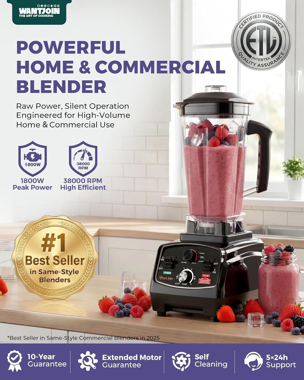 image:imageWantJoin Professional Blender ETL listed 70oz Commercial Blender for kitchen Max 1800W High Power Home and Commercial with Timer Smoothie Maker 2200ml for Crushing Ice Frozen Dessert SoupfishBlack