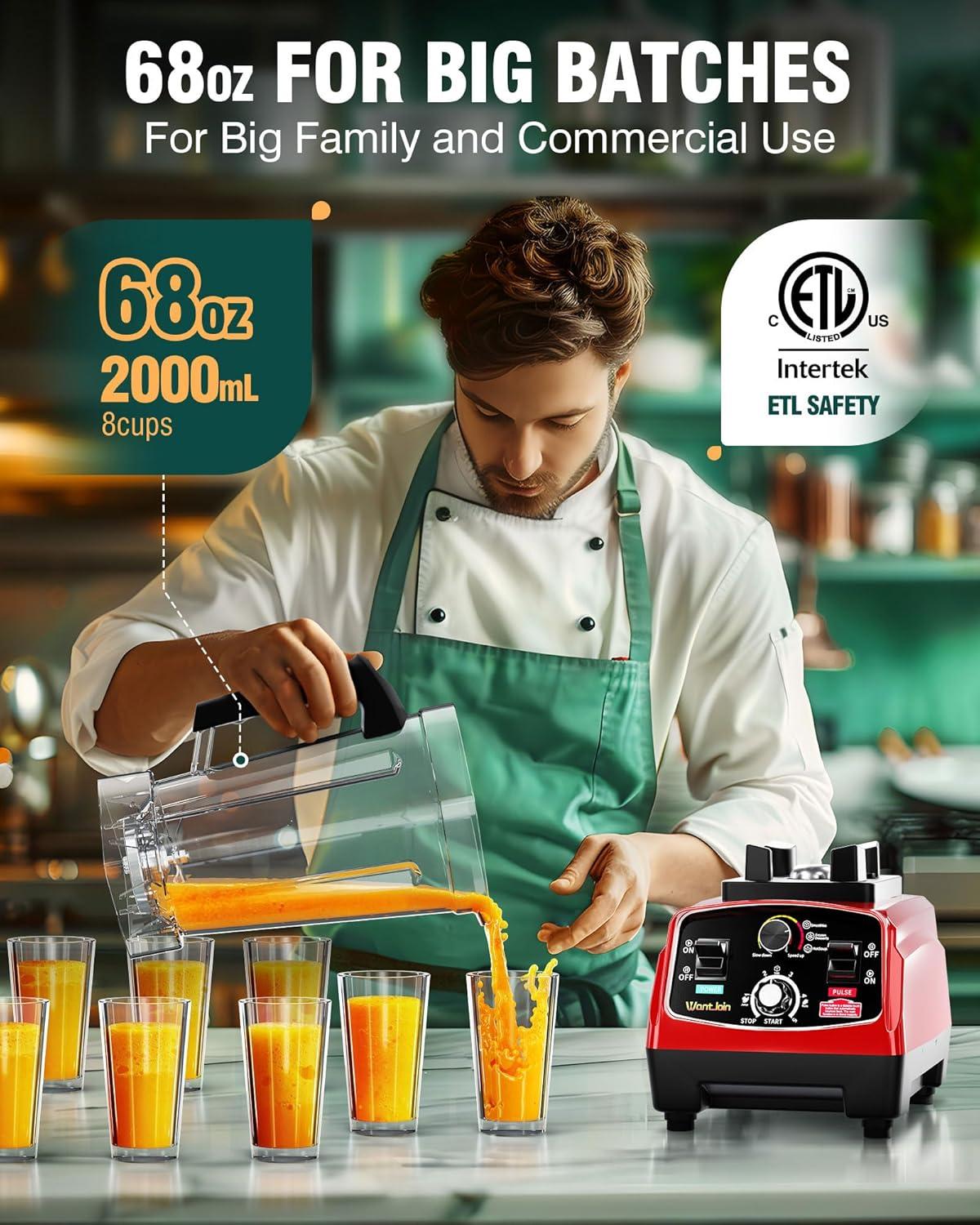 image:imageWantJoin Professional Blender ETL listed 70oz Commercial Blender for kitchen Max 1800W High Power Home and Commercial with Timer Smoothie Maker 2200ml for Crushing Ice Frozen Dessert SoupfishRed