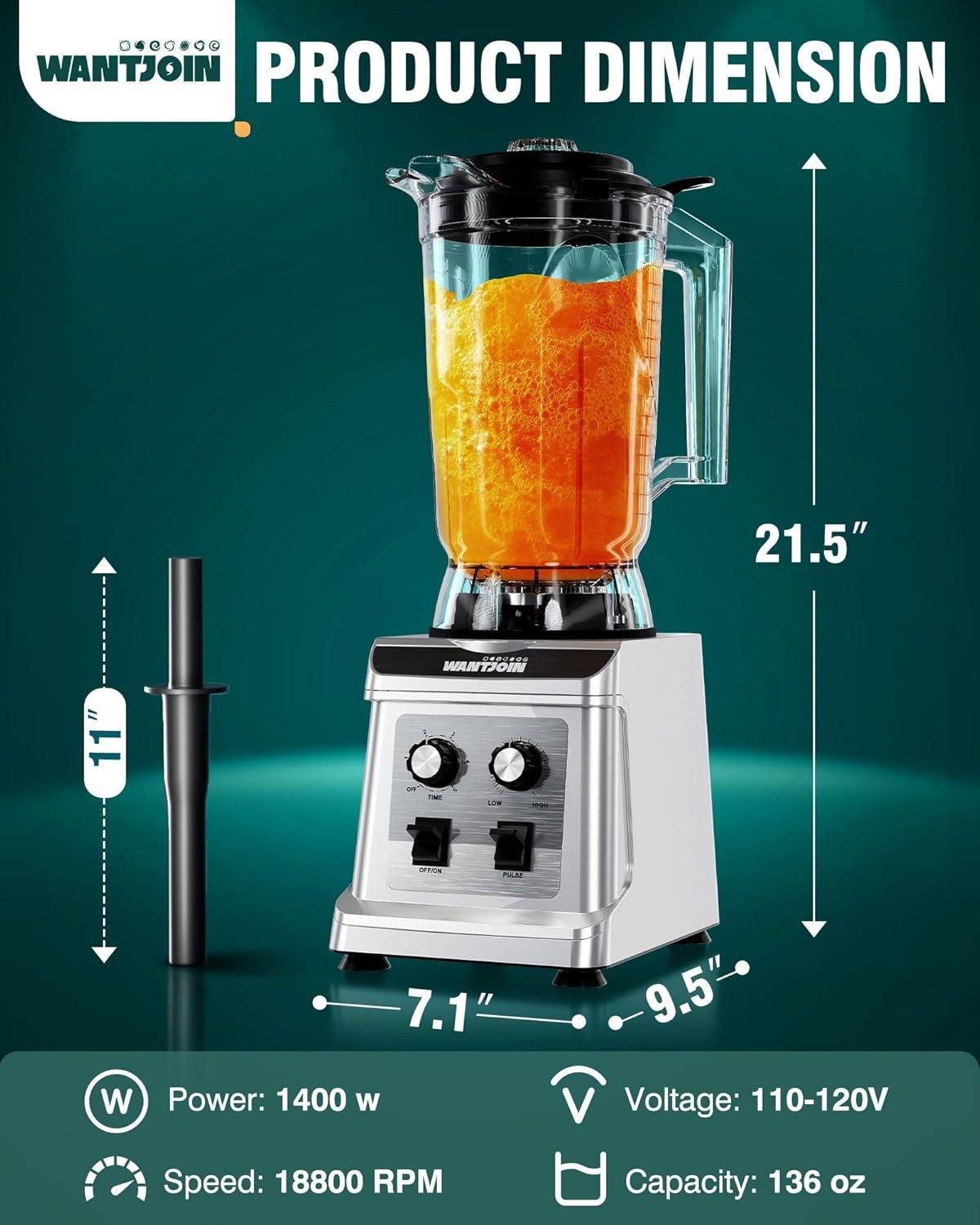 image:imageWantJoin Professional Blender ETL listed 70oz Commercial Blender for kitchen Max 1800W High Power Home and Commercial with Timer Smoothie Maker 2200ml for Crushing Ice Frozen Dessert SoupfishSliver