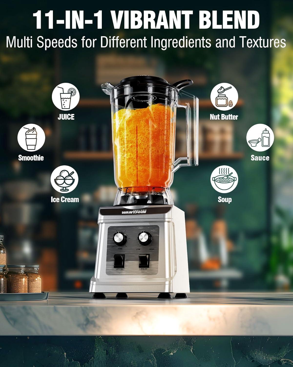 image:imageWantJoin Professional Blender ETL listed 70oz Commercial Blender for kitchen Max 1800W High Power Home and Commercial with Timer Smoothie Maker 2200ml for Crushing Ice Frozen Dessert SoupfishSliver