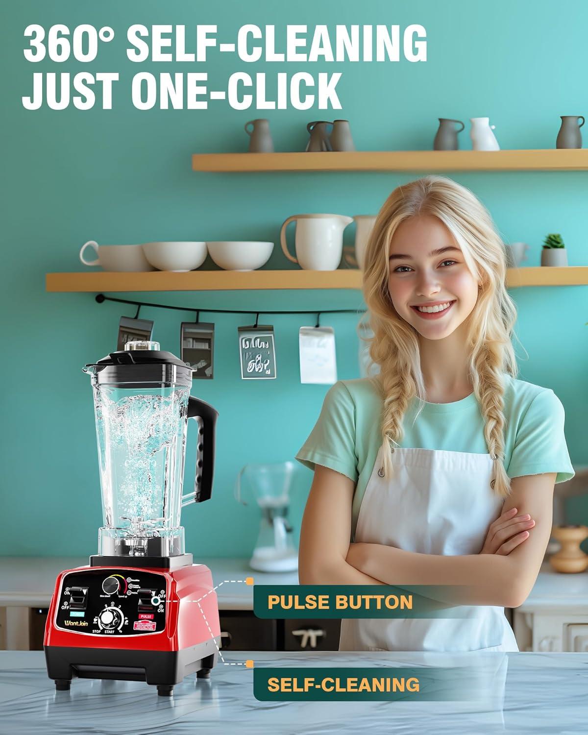 image:imageWantJoin Professional Blender ETL listed 70oz Commercial Blender for kitchen Max 1800W High Power Home and Commercial with Timer Smoothie Maker 2200ml for Crushing Ice Frozen Dessert SoupfishRed