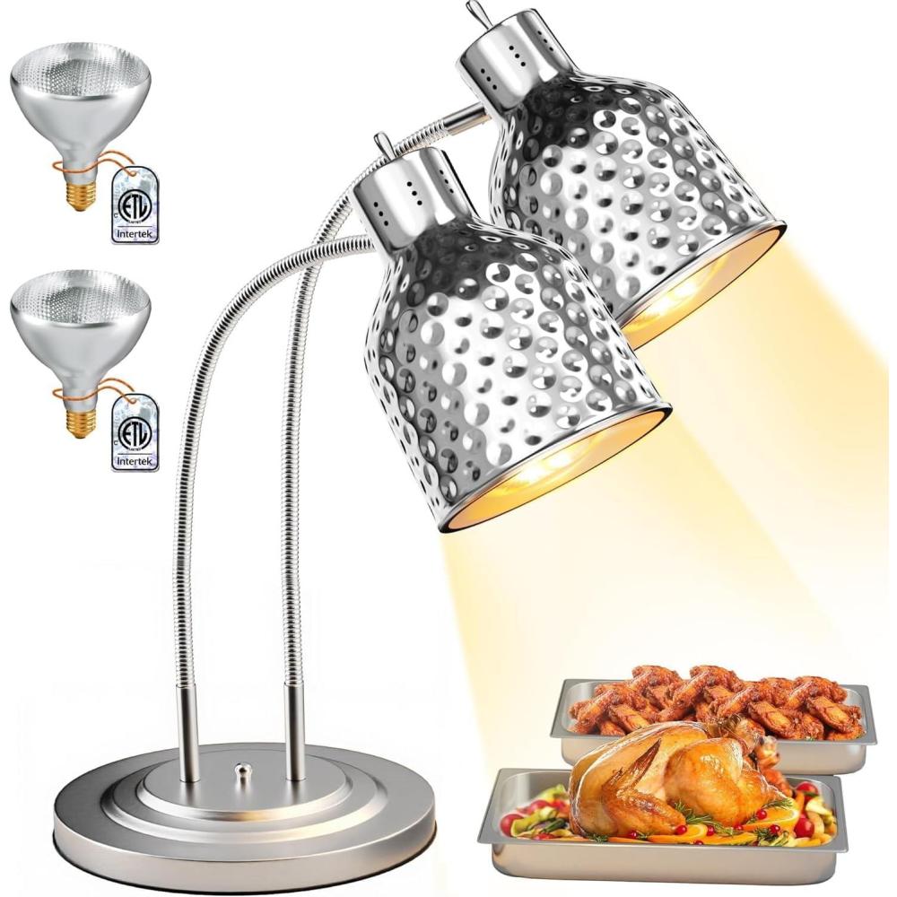 image:imageWantJoin 2Head Food Heat Lamp  ETL Electric Heating Lamp Listed 500W Stainless Steel Food Warmer Lamp Commercial Food Warmer for Catering Kitchen Food Service Restaurant Buffet CafeteriaSilver