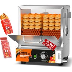 image:imageWantJoin Hot Dog Steamer  288QT Adjustable Temperature Electric Hot Dog Steamer with Bun Warmer Glass Sliding Door for 175 Hot Dogs and 40 BunsSilver