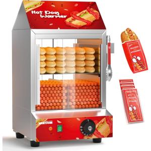 image:imageWantJoin Hot Dog Steamer  288QT Commercial Electric Hot Dog Steamer with Bun Warmer Glass Sliding Door Steaming Machine Adjustable Temperature for 175 Hot Dogs and 40 BunsRed