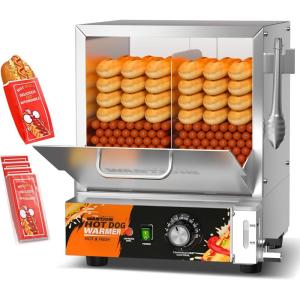 image:imageWantJoin Hot Dog Steamer  288QT Commercial Electric Hot Dog Steamer with Bun Warmer Glass Sliding Door Steaming Machine Adjustable Temperature for 175 Hot Dogs and 40 BunsSilver
