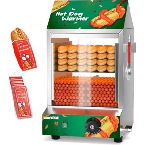 image:imageWantJoin Hot Dog Steamer Machine  288QT Commercial Hotdog Machine with Bun Warmer Stainless Steel Tempered Glass Electric Steamer MachineGreen