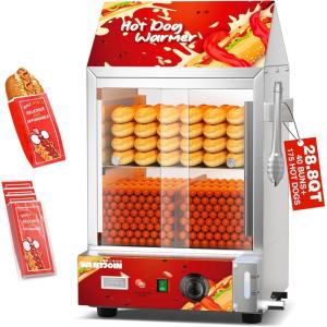 image:imageWantJoin Hot Dog Steamer Machine  288QT Commercial Hotdog Machine with Bun Warmer Stainless Steel Tempered Glass Electric Steamer MachineWine