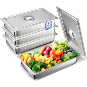 image:imageWantJoin Steam Table Hotel Pans with Lid 11 Full Size 4 Inch Deep 4 Pack Stainless Steel Metal Tray Sets Food Storage Container Restaurant Chafing Dishes Commercial Buffet Warmer Catering Supplies4 Inch