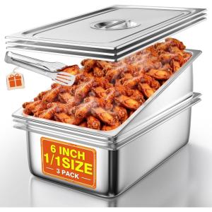 image:imageWantJoin Steam Table Hotel Pans with Lid 12 Half Size 4 Inch Deep 3 Pack Stainless Steel Metal Tray Sets Food Storage Container Commercial Restaurant Buffet Chafing Dishes Warmer Catering Supplies6 Deep 3 Pack