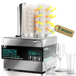 image:imageWantJoin Wine Glass Polisher Machine  5 Brushes 330 CupsHour Commercial Electric Automatic Dryer with 304 Stainless Steel 100 Cotton 1300W High Power 136F Air Drying for Bar Restaurant Kitchen